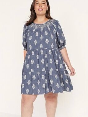 Old Navy Chambray Mini Dress XL Puff Sleeve Embroidered Tiered Blue Cottagecore